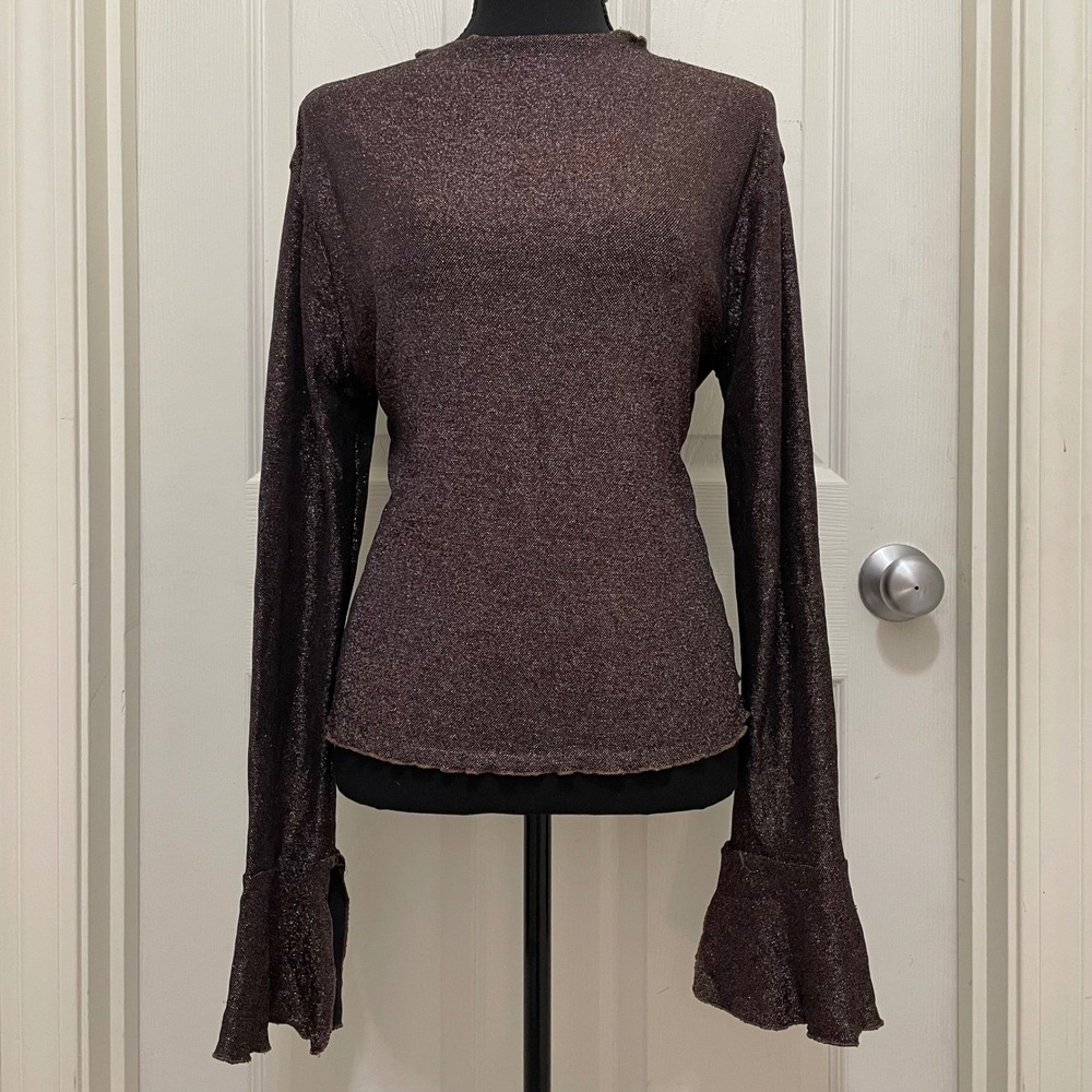 Jessica Simpson Metallic Shimmer Top Long Bell‎ Sleeve Brown Bronze M Y2K Glam